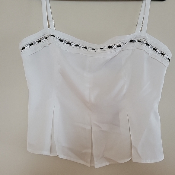 Lulus White Crochet Lace Pleated Ribbon Tank Top, Adjustable Strap Women's Sz Xl - Picture 2 of 6